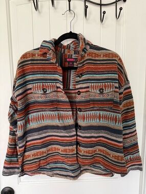 Boho Striped Button-Front Shirt Jacket in Rust & Teal - M